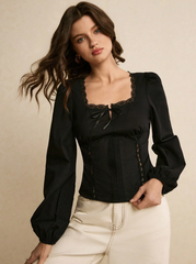 Elegant Square Neck Collar Twist Lantern Sleeve Fitted Blouse