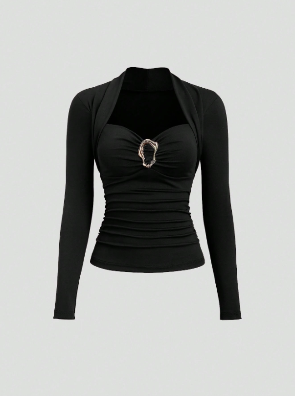 Autumn Metal Decor Button Hollow Out Women T-Shirt