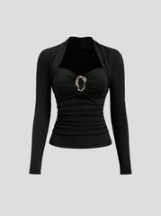 Autumn Metal Decor Button Hollow Out Women T-Shirt