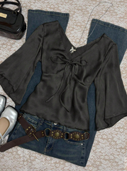Autumn Simple Solid Color Front Tie Flare Sleeve Shirt