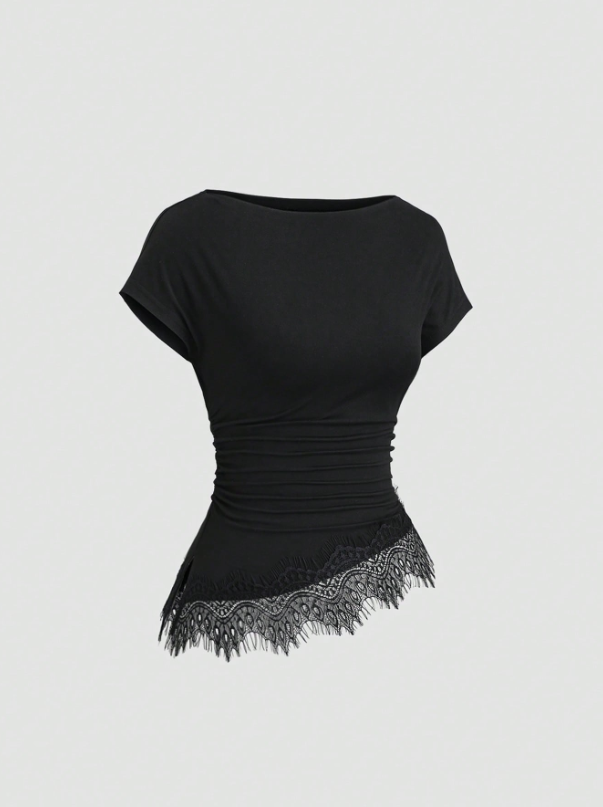 Asymmetrical Hem Contrast Lace Top
