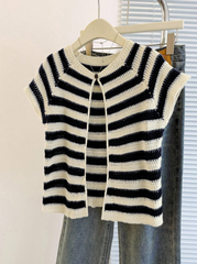 Striped Round Neck Distinctive Versatile Slim Fit Cardigan