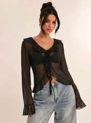 Black Elegant Spring Sheer Chiffon Ruffled Flare Sleeve Blouse