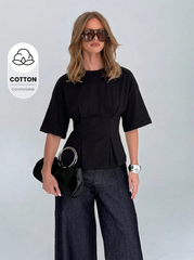 AiiRZ Cotton Peplum Top With Pleated Waist Detail Round Neck And Elbow Length Sleeves