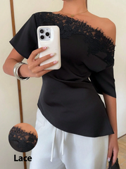 Women's Lace Patchwork Satin Blouse With Asymmetrical Shoulder Neckline