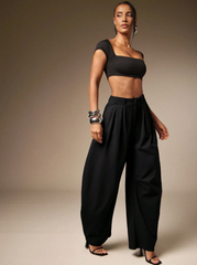 Summer Casual Solid Charcoal Pleated Oversized Barrel Pants