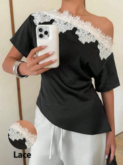 Women's Lace Patchwork Satin Blouse With Asymmetrical Shoulder Neckline
