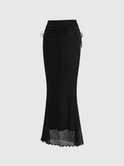 Women's Mesh Ribbon Tie Design Mermaid Hem Long Skirt