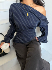 Navy Blue Striped Shirt With A One-Shoulder Design
