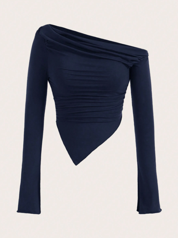 Solid Color Asymmetrical Collar Pleated T-Shirt