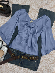 Autumn Simple Solid Color Front Tie Flare Sleeve Shirt