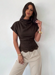 Lace Crinkle Collar Asymmetrical Sleeve Top