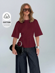 AiiRZ Cotton Peplum Top With Pleated Waist Detail Round Neck And Elbow Length Sleeves