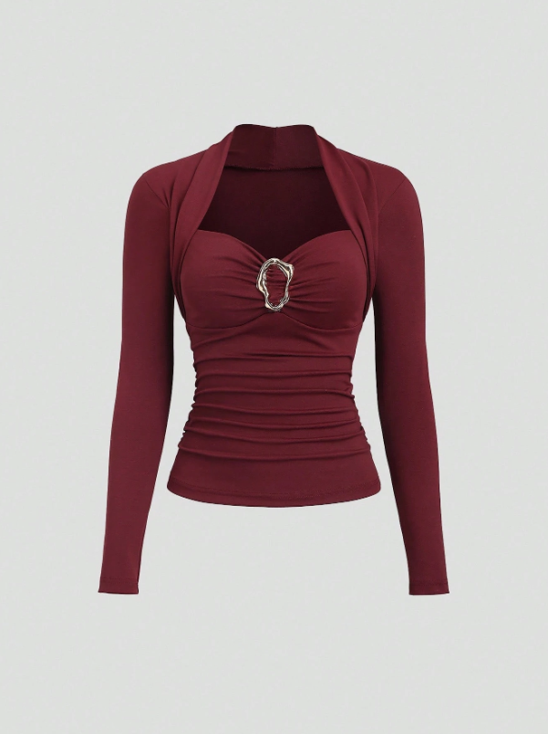Autumn Metal Decor Button Hollow Out Women T-Shirt