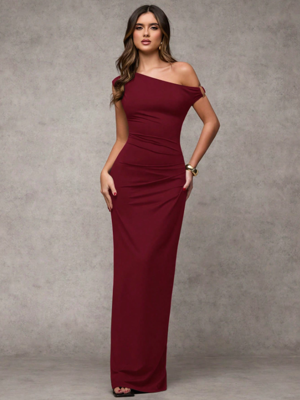 Elegant Asymmetric Shoulder Metal Embellished Maxi Dress