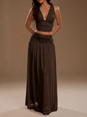 Elegant V-Neck Camisole And High-Waisted Mesh Skirt 2-Piece Set
