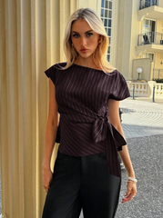 Women's Striped Boat Neck Cap Sleeve Side Tie Waist Fashion Blouse
