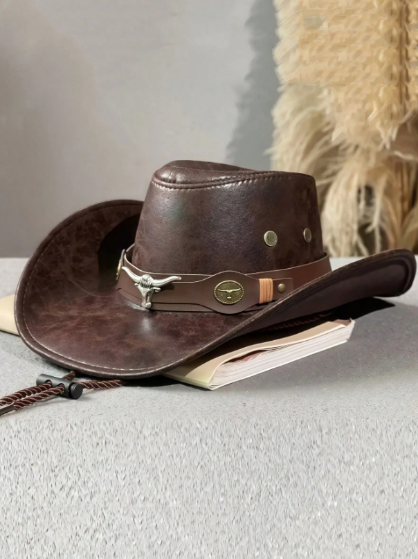 PU Leather Heart-Shaped Crown Rolled Brim Cowboy Hat