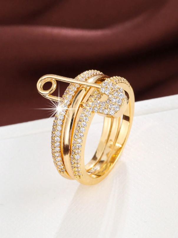Cubic Zirconia Safety Pin Decor Ring