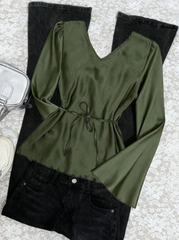 Elegant Satin V-Neck Flare Sleeve Top, Green