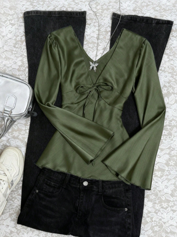 Elegant Satin V-Neck Flare Sleeve Top, Green