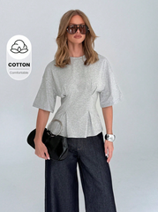 AiiRZ Cotton Peplum Top With Pleated Waist Detail Round Neck And Elbow Length Sleeves