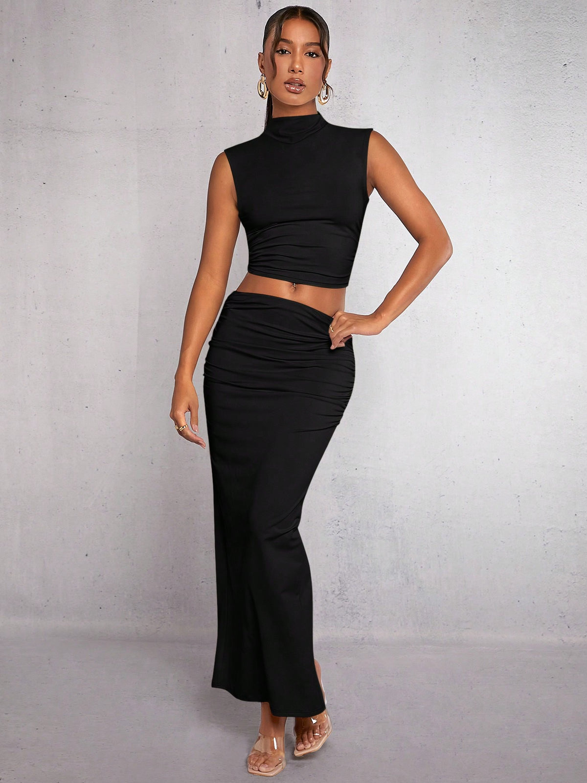 Mock Neck Ruched Tank Top & Skirt