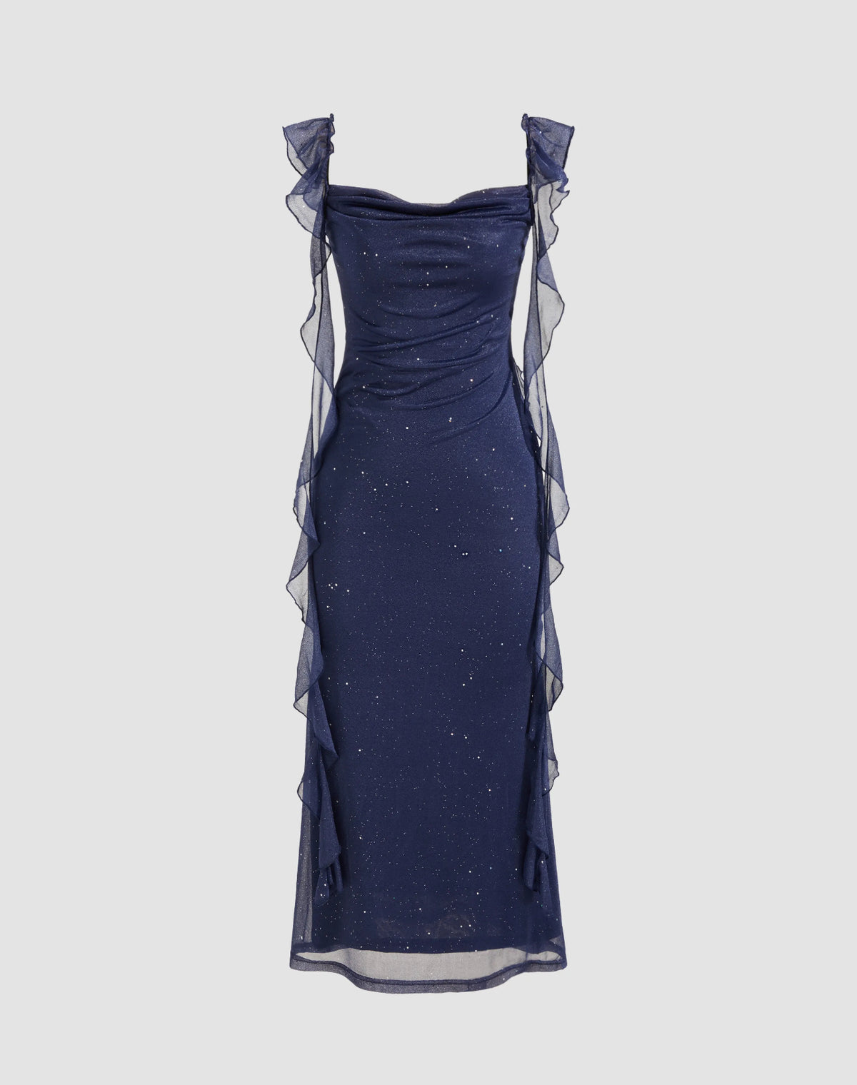 CIDER Cowl Neck Solid Glitter Ruffle Hem Maxi Dress