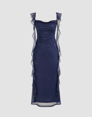CIDER Cowl Neck Solid Glitter Ruffle Hem Maxi Dress