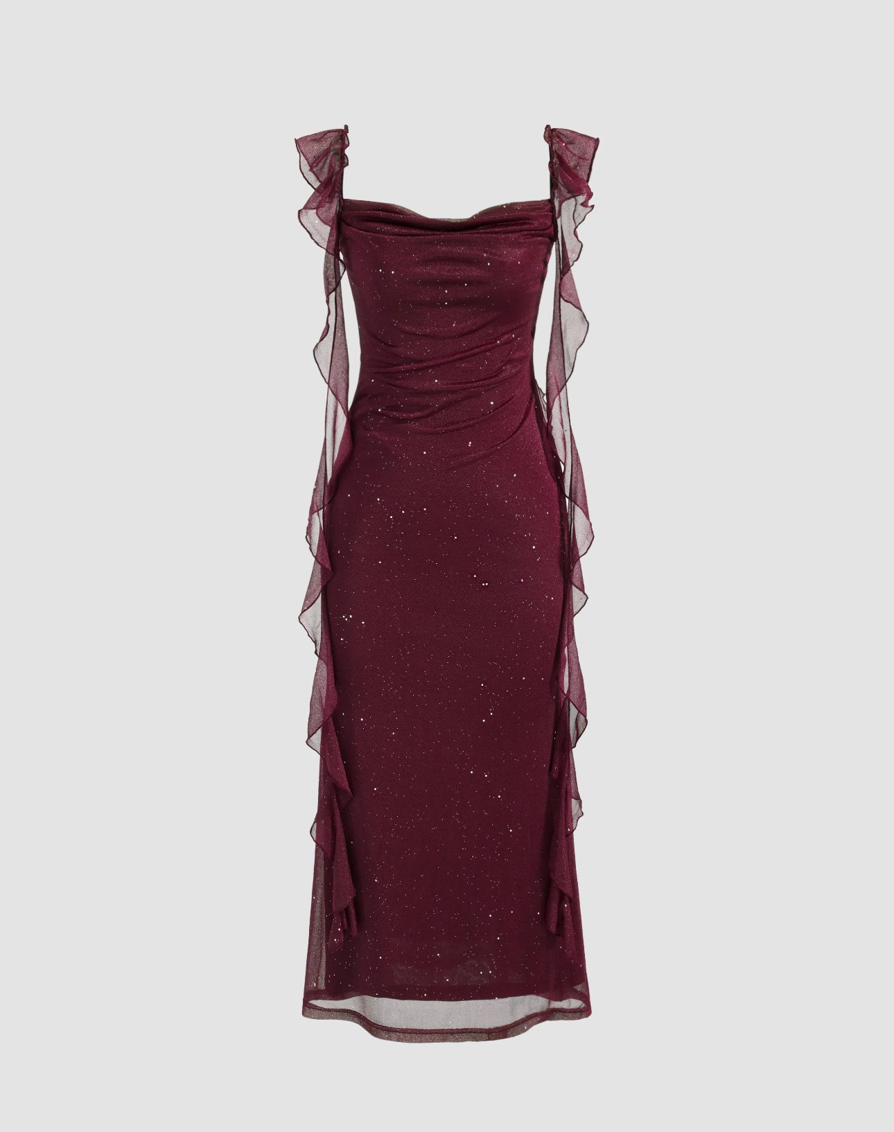 CIDER Cowl Neck Solid Glitter Ruffle Hem Maxi Dress