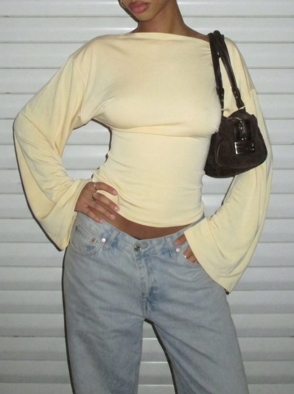 Asymmetric Collar Long Sleeve Knit T-Shirt
