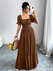 Rafferiza Women's Square Neck Puff Sleeve Front Tie Back Cutout Waist Flared Dress