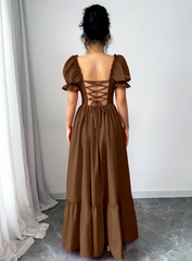 Rafferiza Women's Square Neck Puff Sleeve Front Tie Back Cutout Waist Flared Dress