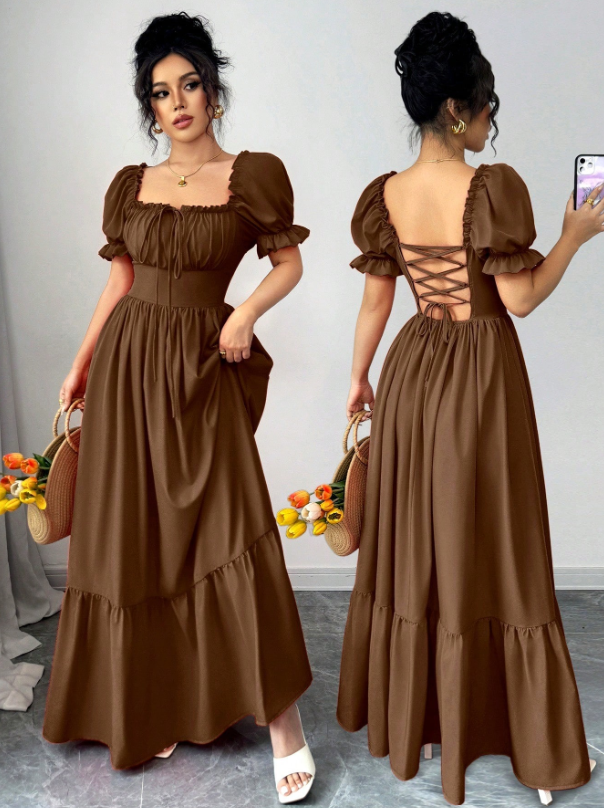 Rafferiza Women's Square Neck Puff Sleeve Front Tie Back Cutout Waist Flared Dress