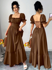 Rafferiza Women's Square Neck Puff Sleeve Front Tie Back Cutout Waist Flared Dress