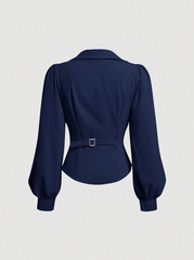 Lantern Sleeve Pleated Slit Hem Shirt