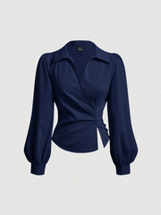 Lantern Sleeve Pleated Slit Hem Shirt