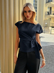 Women's Striped Boat Neck Cap Sleeve Side Tie Waist Fashion Blouse