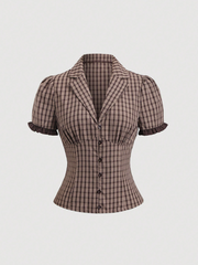 Plaid Short Petal Sleeve Single-Breasted Shirt