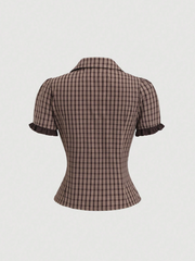 Plaid Short Petal Sleeve Single-Breasted Shirt