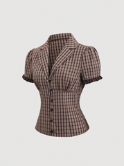 Plaid Short Petal Sleeve Single-Breasted Shirt