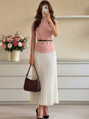 Solid Color Stand Collar Cap Sleeve T-Shirt And Pleated Skirt Elegant Set Summer