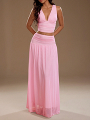 Elegant V-Neck Camisole And High-Waisted Mesh Skirt 2-Piece Set