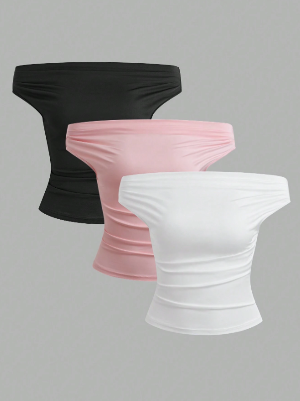 3pcs Solid Off Shoulder Ruched Top