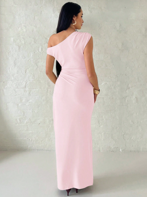 Elegant Asymmetric Shoulder Metal Embellished Maxi Dress