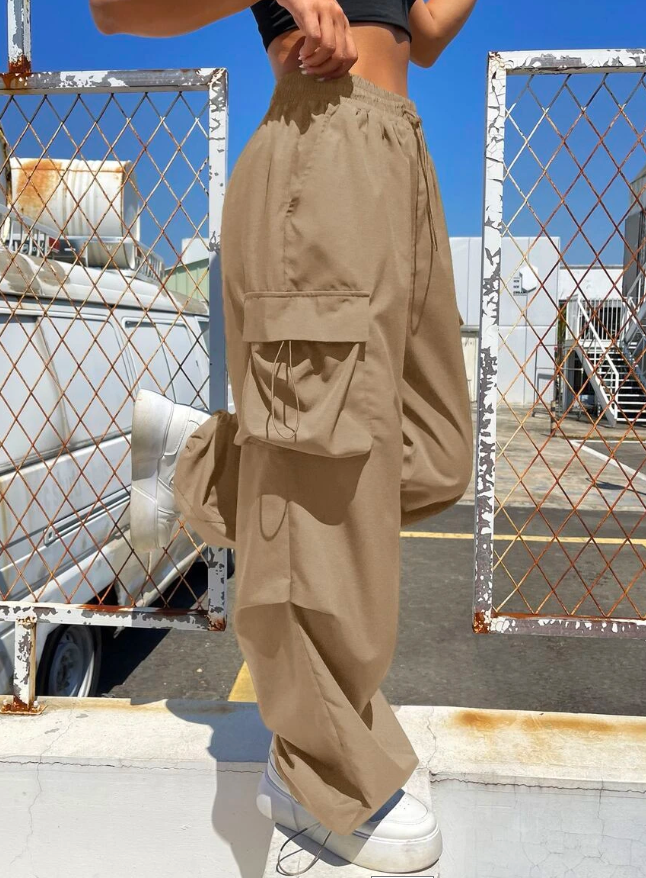 Flap Pocket Side Drawstring Waist Parachute Cargo Pants