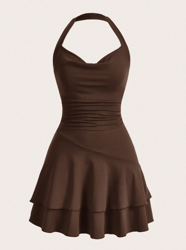 Solid Ruched Layered Ruffle Hem Halter Neck Dress