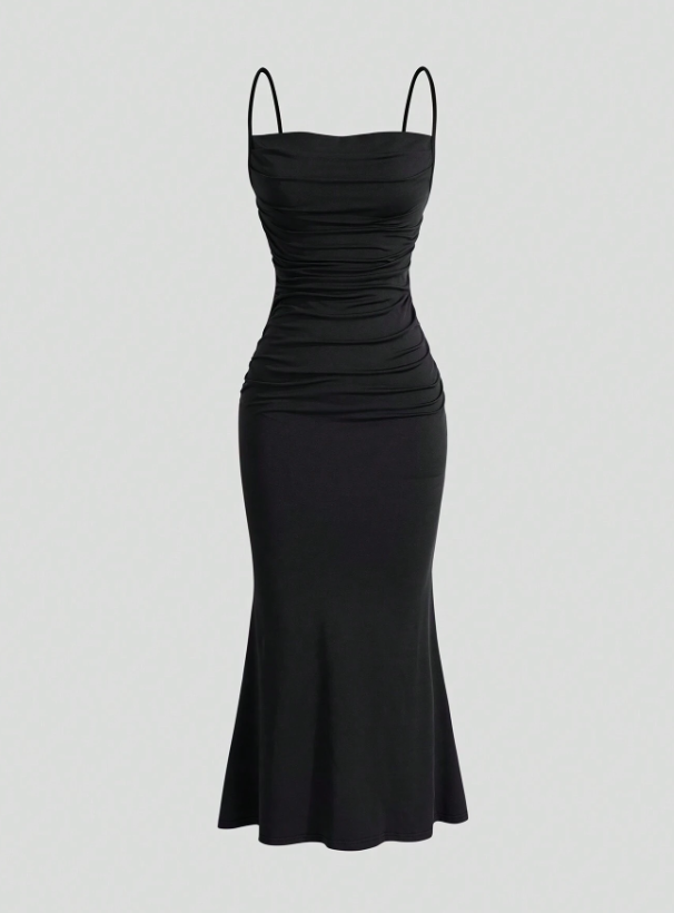Solid Ruched Mermaid Hem Cami Dress