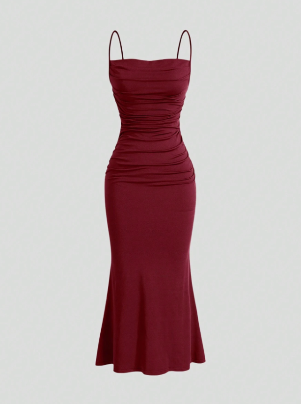 Solid Ruched Mermaid Hem Cami Dress