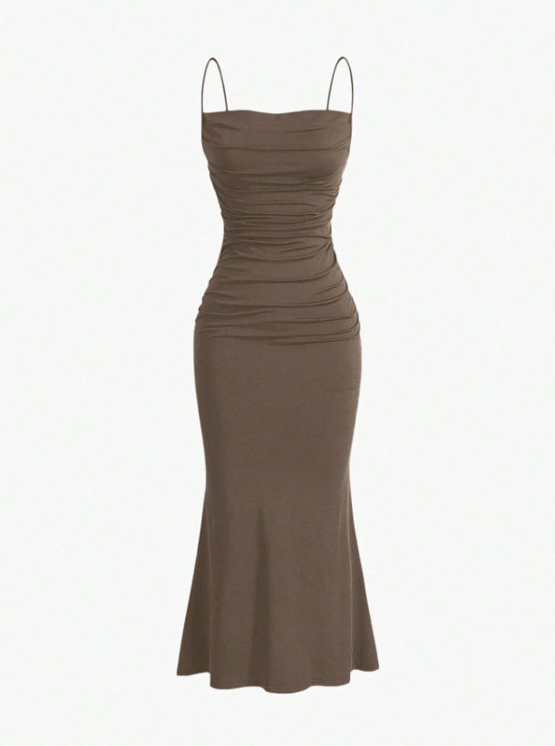 Solid Ruched Mermaid Hem Cami Dress